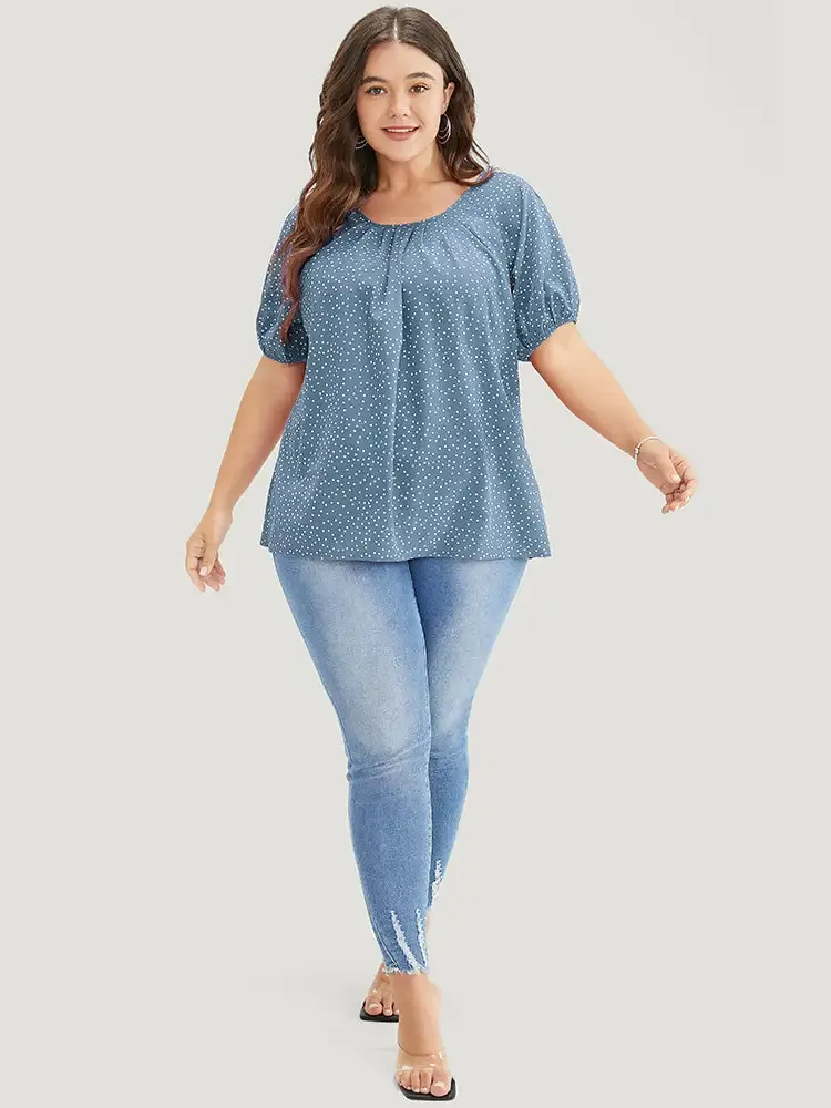 Polka Dot Pleated Round Neck Puff Sleeve Blouse