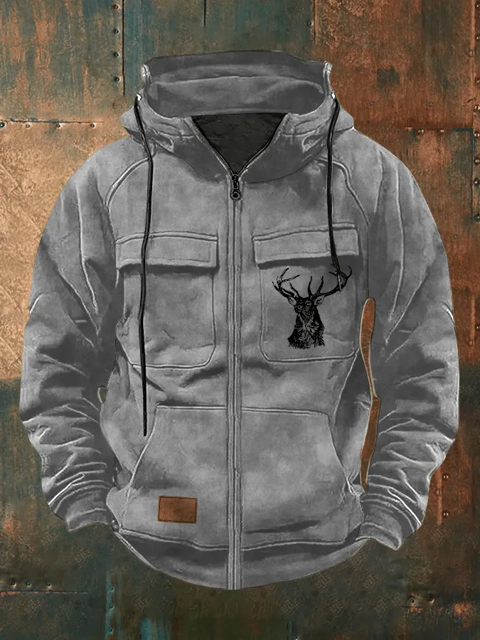 Men's Retro Western Elk Print Multi-Pocket Hooded Zip-Up Sweatshirt