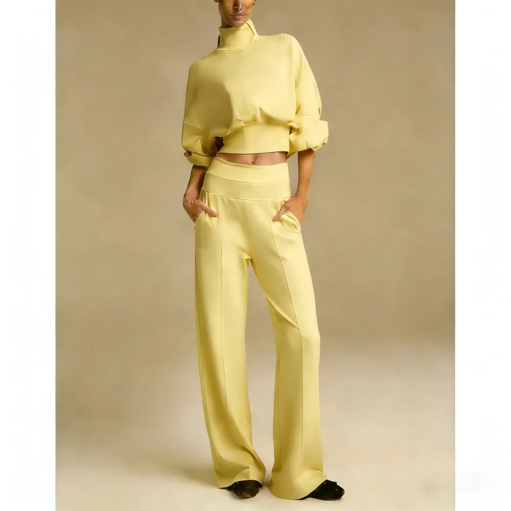 Turtleneck Puff-Sleeve Crop Top & Wide-Leg Pants Set