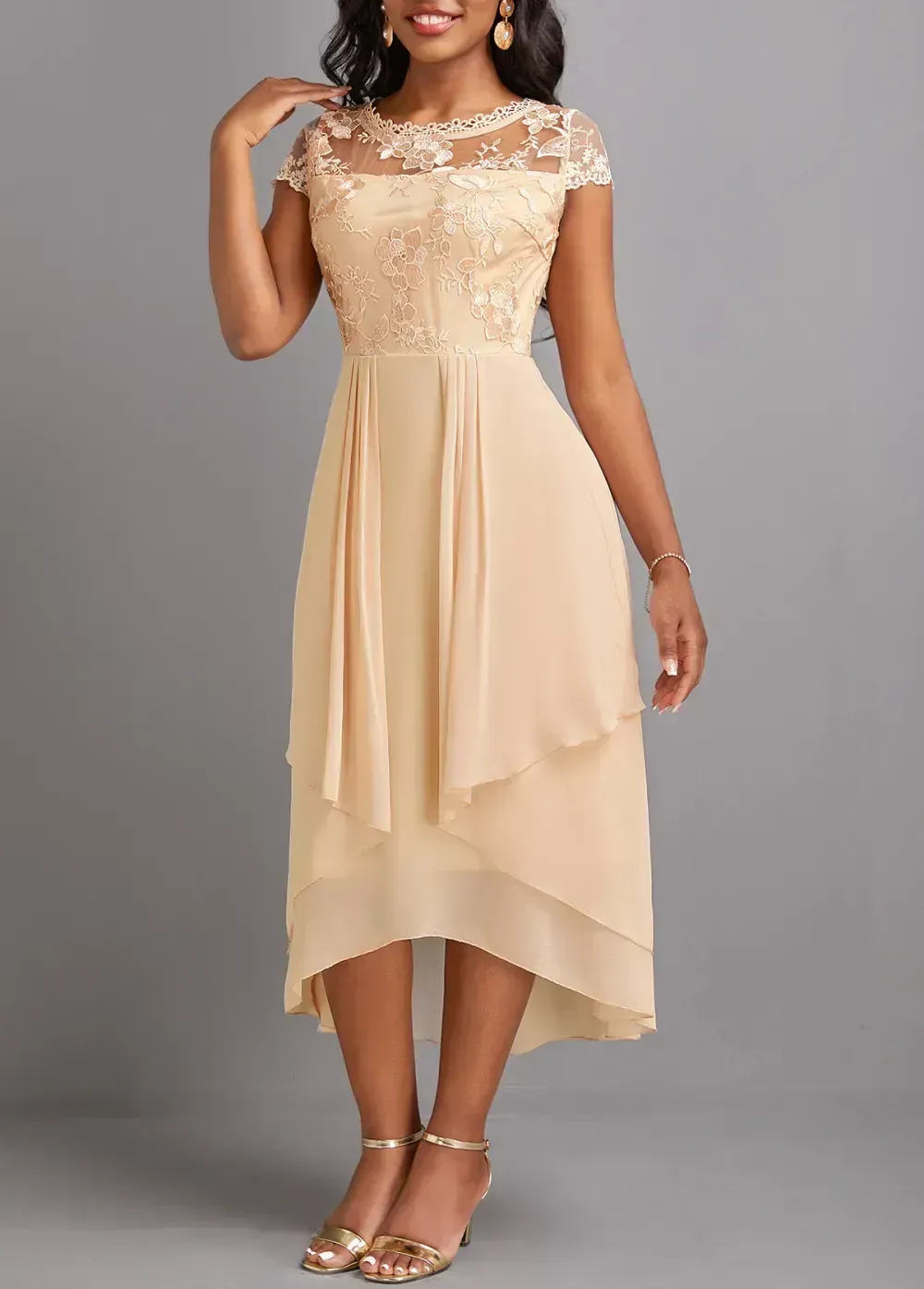 Champagne Lace High Low Short Sleeve Dress