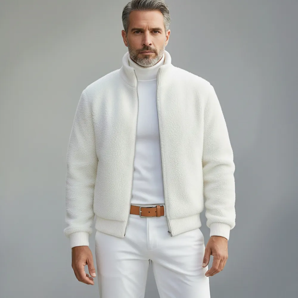 Men's White Teddy Fleece Stand Collar Long Sleeve Zip Up Jacket