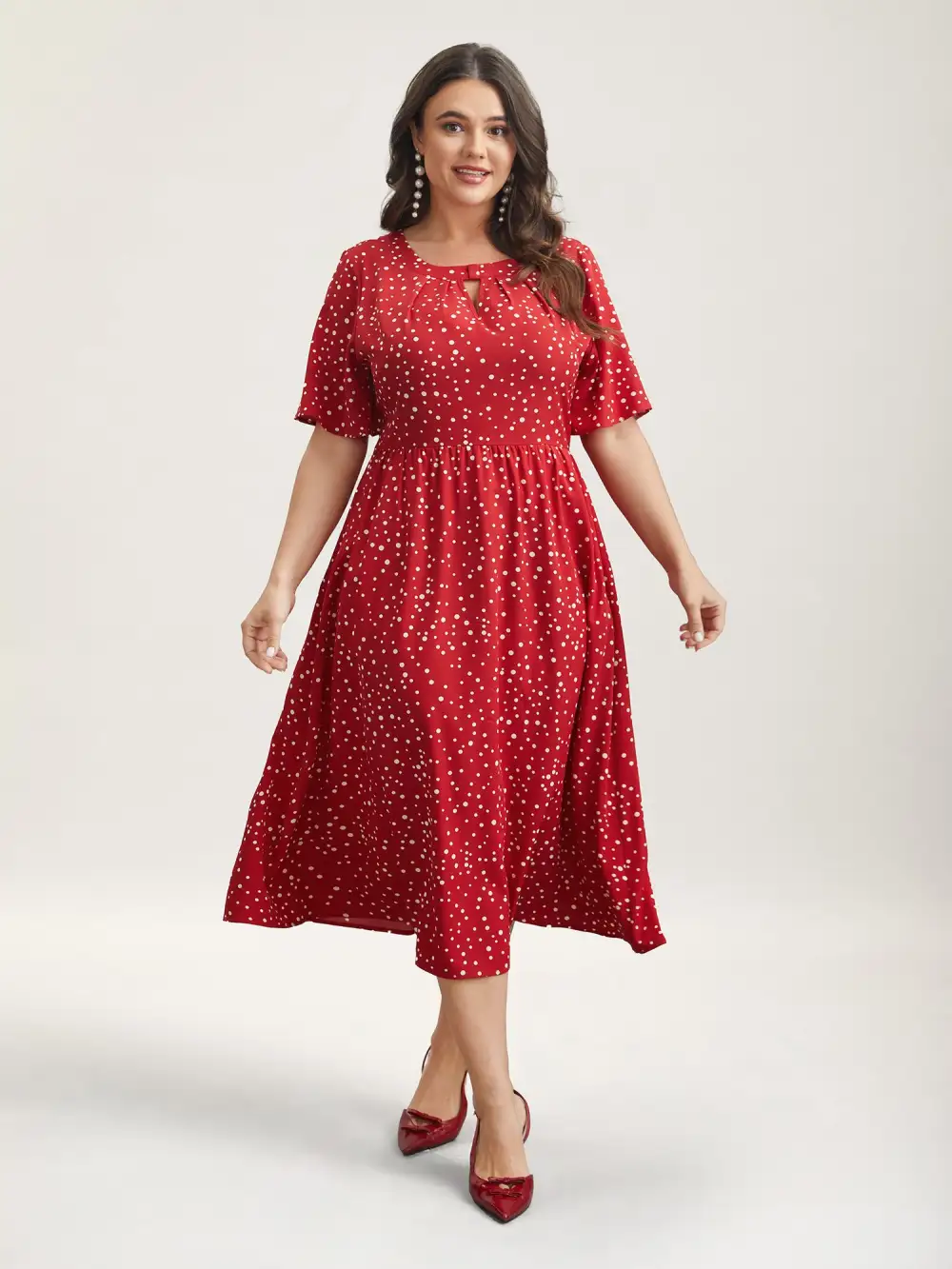 Polka Dots Print Cut-Out Flutter Sleeve Midi Dress