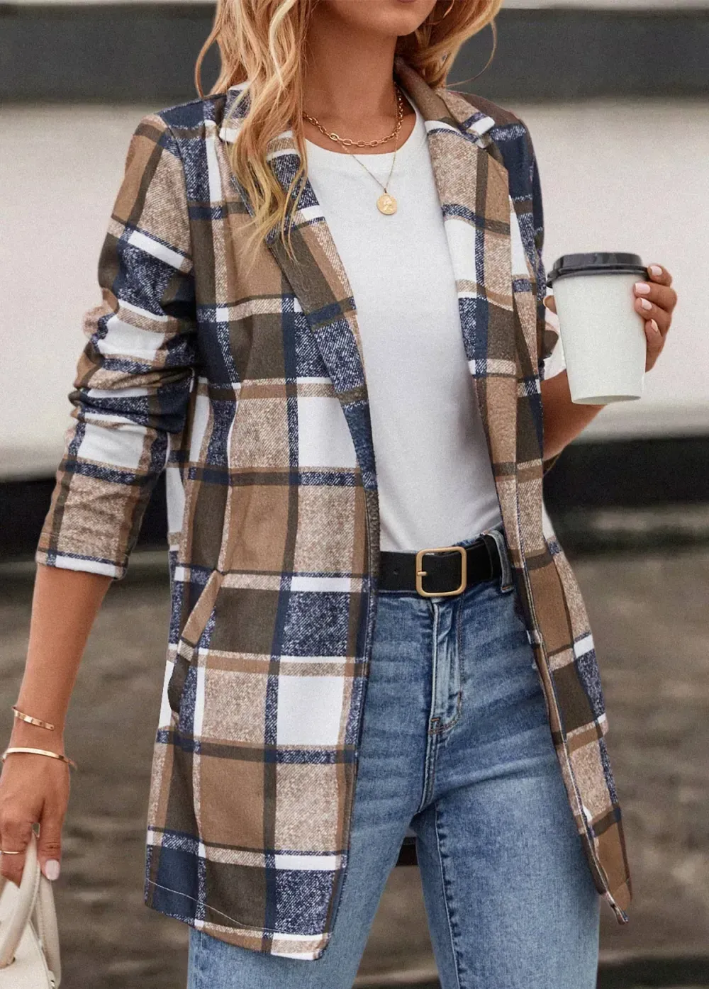 Dark Camel Pocket Plaid Long Sleeve Lapel Coat