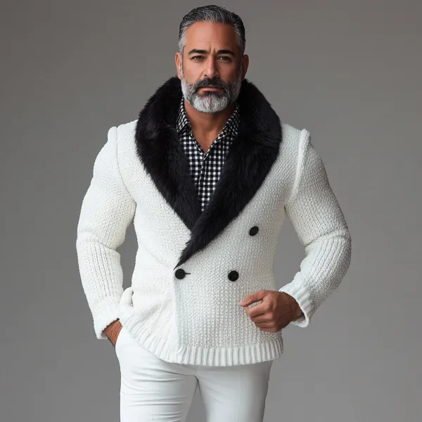 Men's Knit Plush Shawl Lapel Double Breasted Long Sleeve Jacket