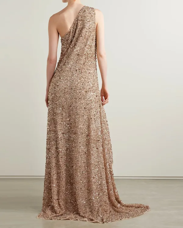 One-shoulder asymmetric embellished tulle gown