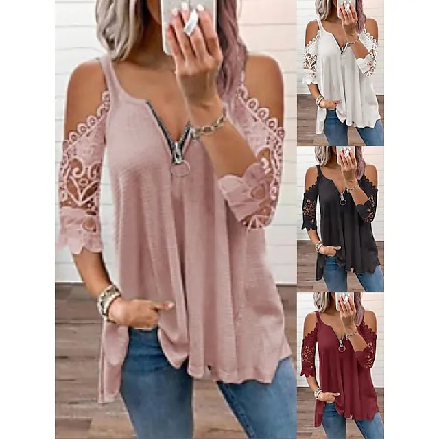 Blouse Women's Black White Solid Color Lace Lace Zipper Home Daily Basic S