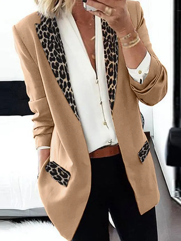Lapel Collar Long Sleeve Leopard Regular Loose Blazer For Women