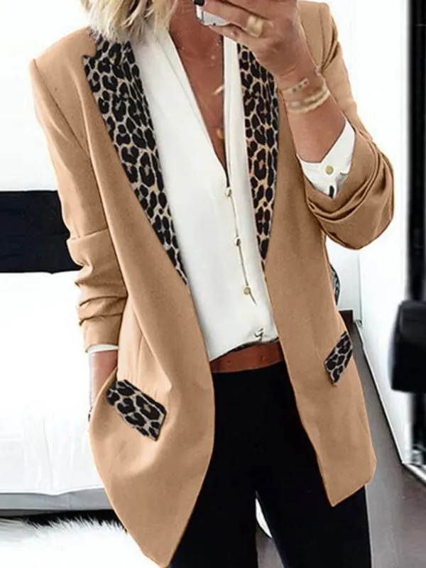 Lapel Collar Long Sleeve Leopard Regular Loose Blazer For Women
