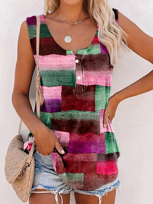 Women's Tank Top Geometric Button Print Casual Basic Sleeveless U Neck Red