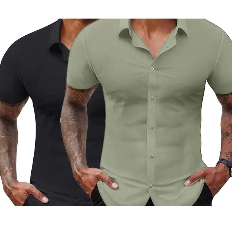Stretch Dress Shirts for Men Short Sleeve Slim Fit Casual Button Down Shirts Muscle Fit Men's Dress Shirts