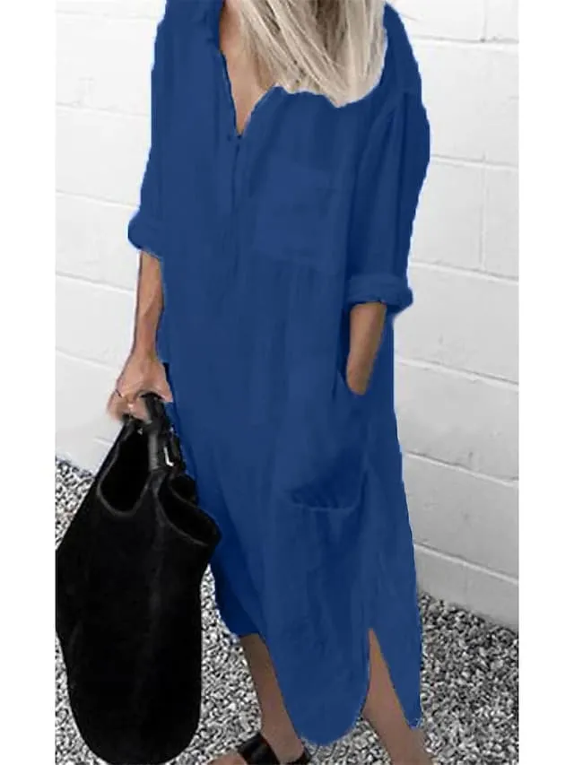 Women‘s Casual Dress Cotton Dress Shirt Dress Swing Dress Midi Dress Blue Yellow Red Long Sleeve Pure Color Pocket Summer Fall Spring Shirt Collar Basic Daily Weekend Loose Fit 2023 S M L XL XXL 3XL