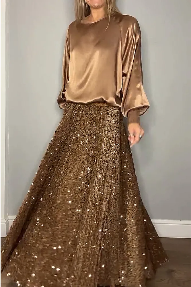 Women's fashion satin top and sequined skirt two-piece set