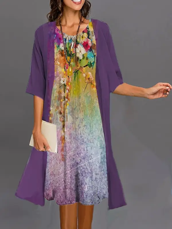 Women's Two Piece Dress Set Casual Dress Dress Set Daily Vacation Casual Modern Print Midi Dress Crew Neck Half Sleeve Graphic Floral Loose Fit Royal Blue Purple Summer Spring S M L XL XXL