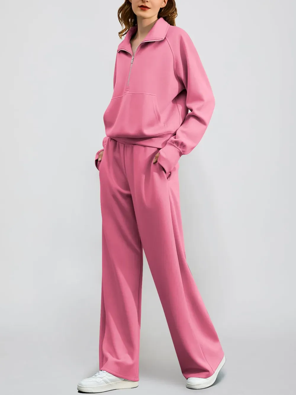 Women's Oversized Half Zip Wide Leg 2 Piece Outfits Lounge Set