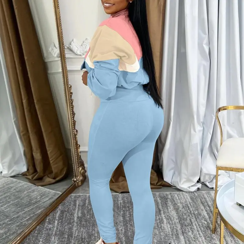 Women's Two - Piece Knit Tracksuit: Zip Jacket & Elastic Waist Pant, Pink - Blue Colorblock