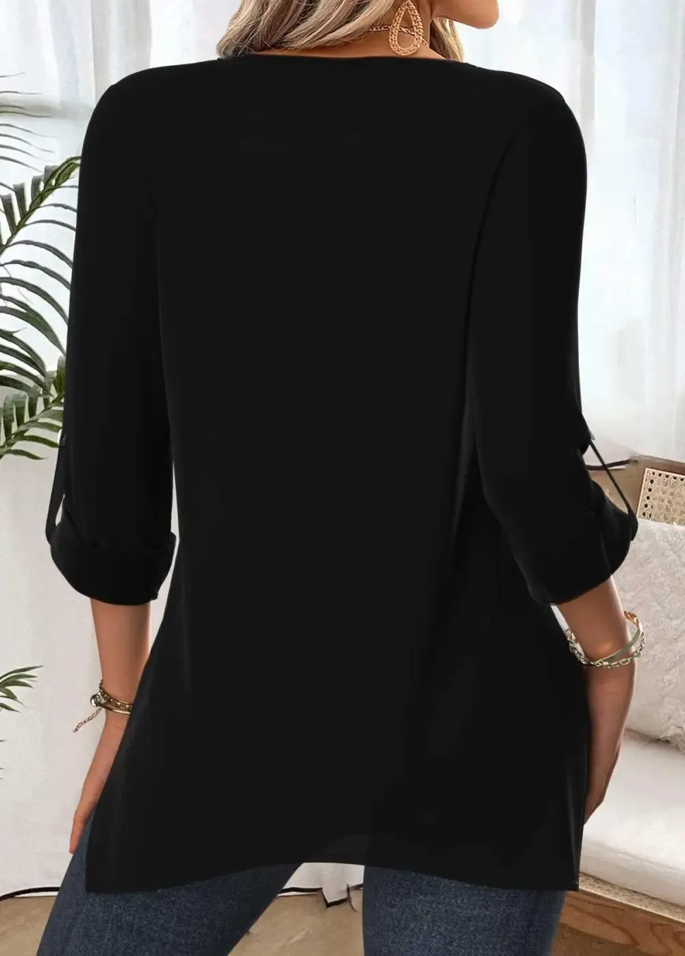 Black Tummy Coverage Geometric Print Long Sleeve Blouse