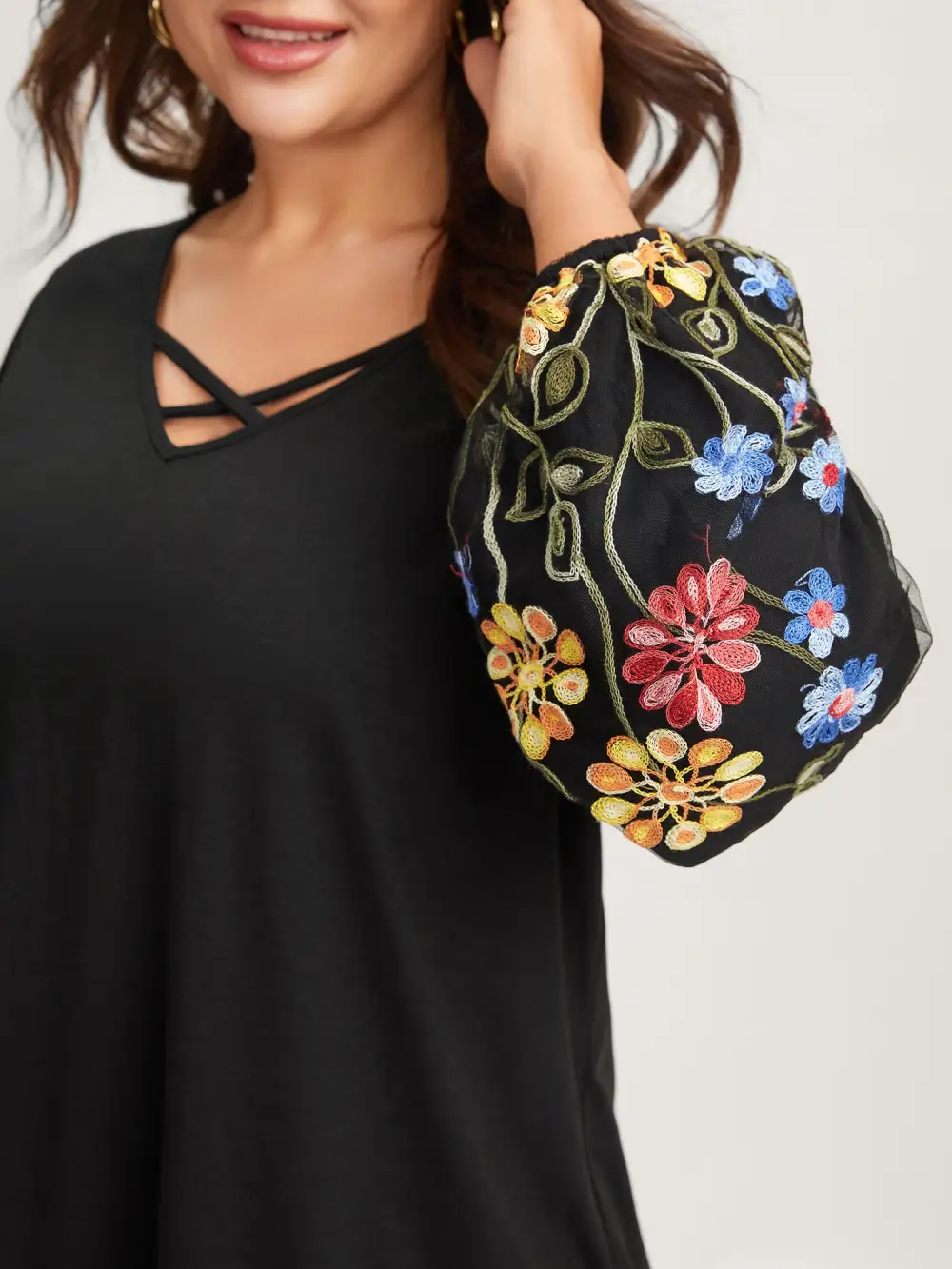 Floral Embroidered Sleeve Neck Tie-Up T-Shirt