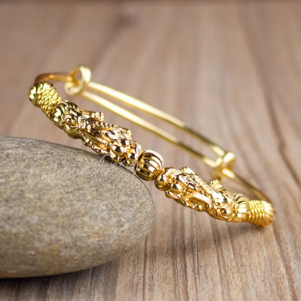 Double Pixiu Gold Bangle Pi Yao Feng Shui Bracelet-Good Luck Attract Wealth and Prosperity Abundance Money Bracelet Gift
