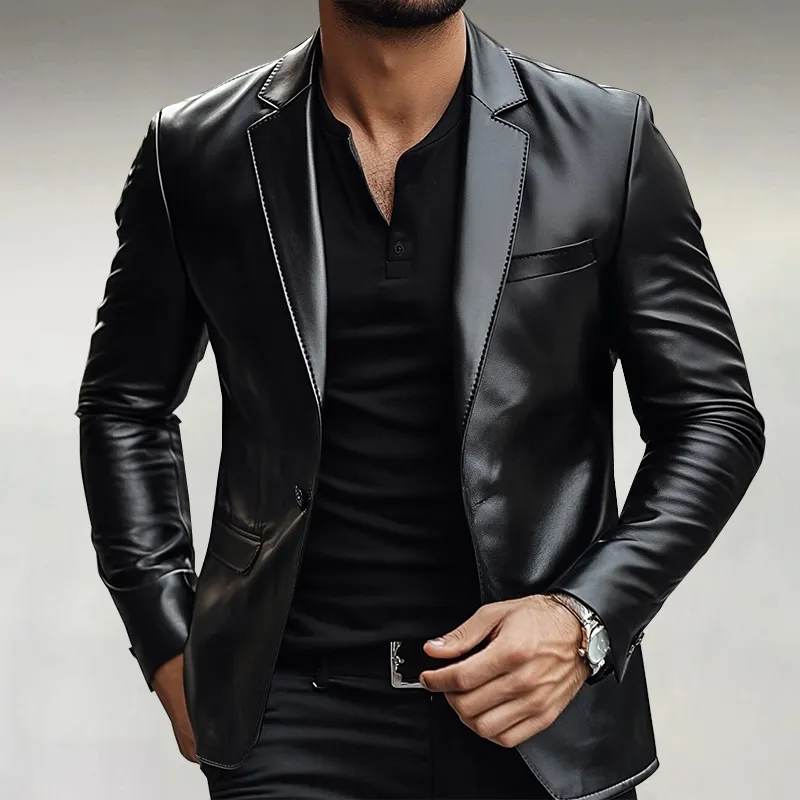 Men's Business Notched Lapel One Button PU Leather Blazer