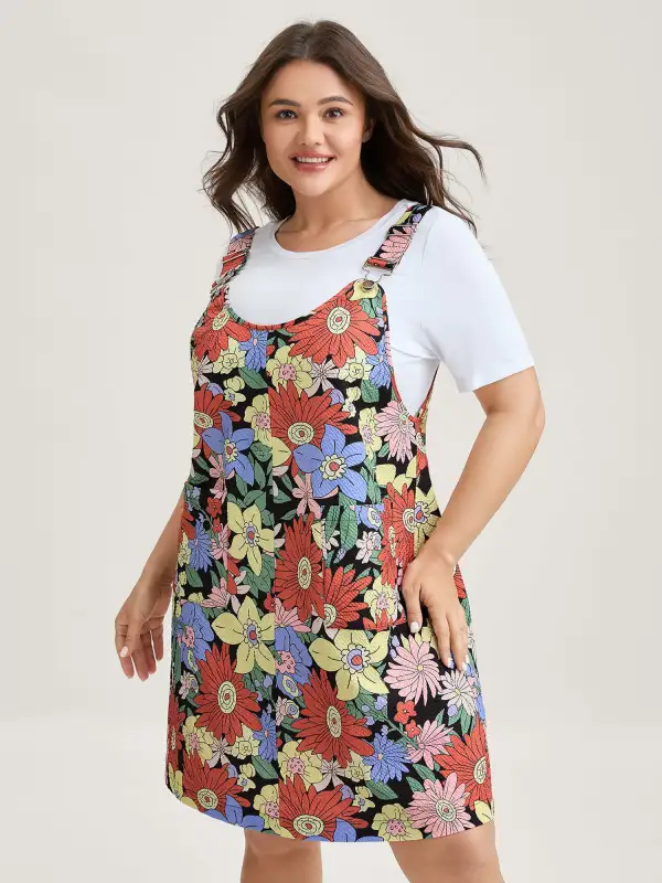 Floral Print Textured Overall Straps Dress