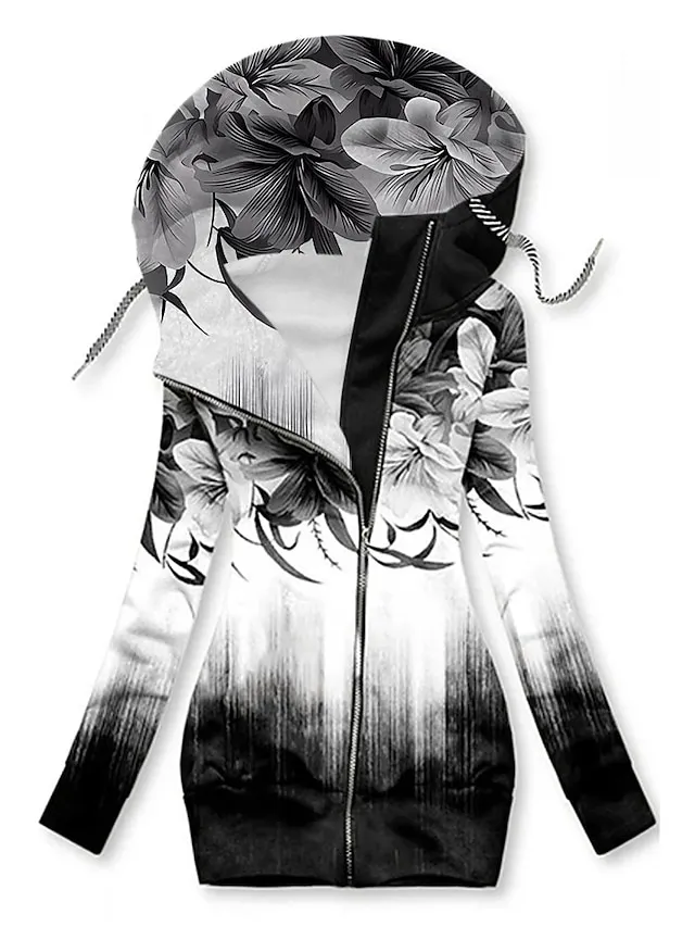 Women's Zip Hoodie Sweatshirt Streetwear Zip Up Black Yellow Light Green Floral Geometric Butterfly Street Casual Hoodie Long Sleeve Top Micro-elastic Fall & Winter