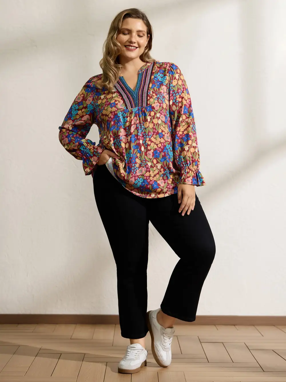 Floral Print Contrast Webbing Notched Neckline Blouse