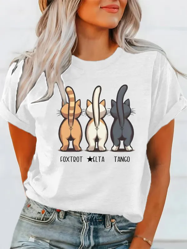 Women'S T-Shirt Female Cat FDT Print Casual T-Shirt Pattern Printed Pure Cotton Round Collar