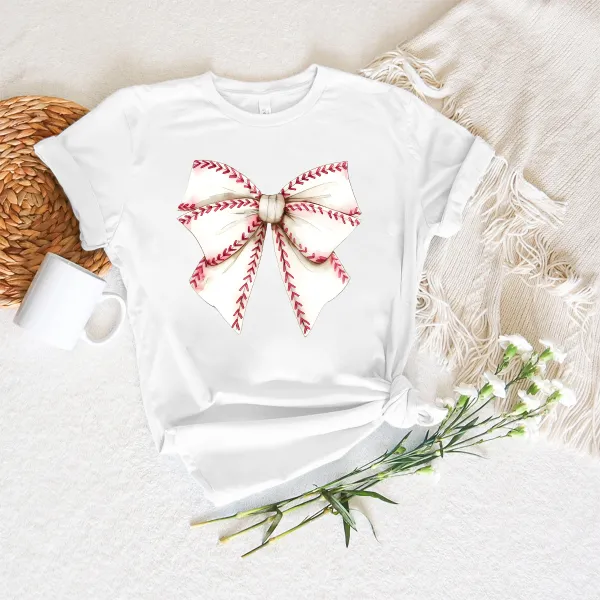 Baseball Bow Printed Round Neck Short Sleeve T-Shirt
