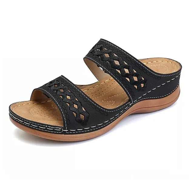 Women's Sandals Slippers Casual Daily Beach Solid Colored Summer Spring Cut Out Embroidery Wedge Heel Round Toe Casual Minimalism Synthetics Loafer Wine