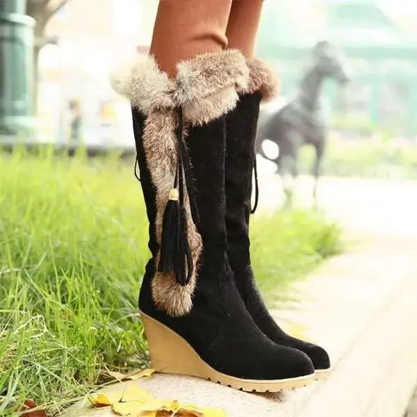 Women'S Rabbit Fur Warm Wedge Snow Boots 17020599C