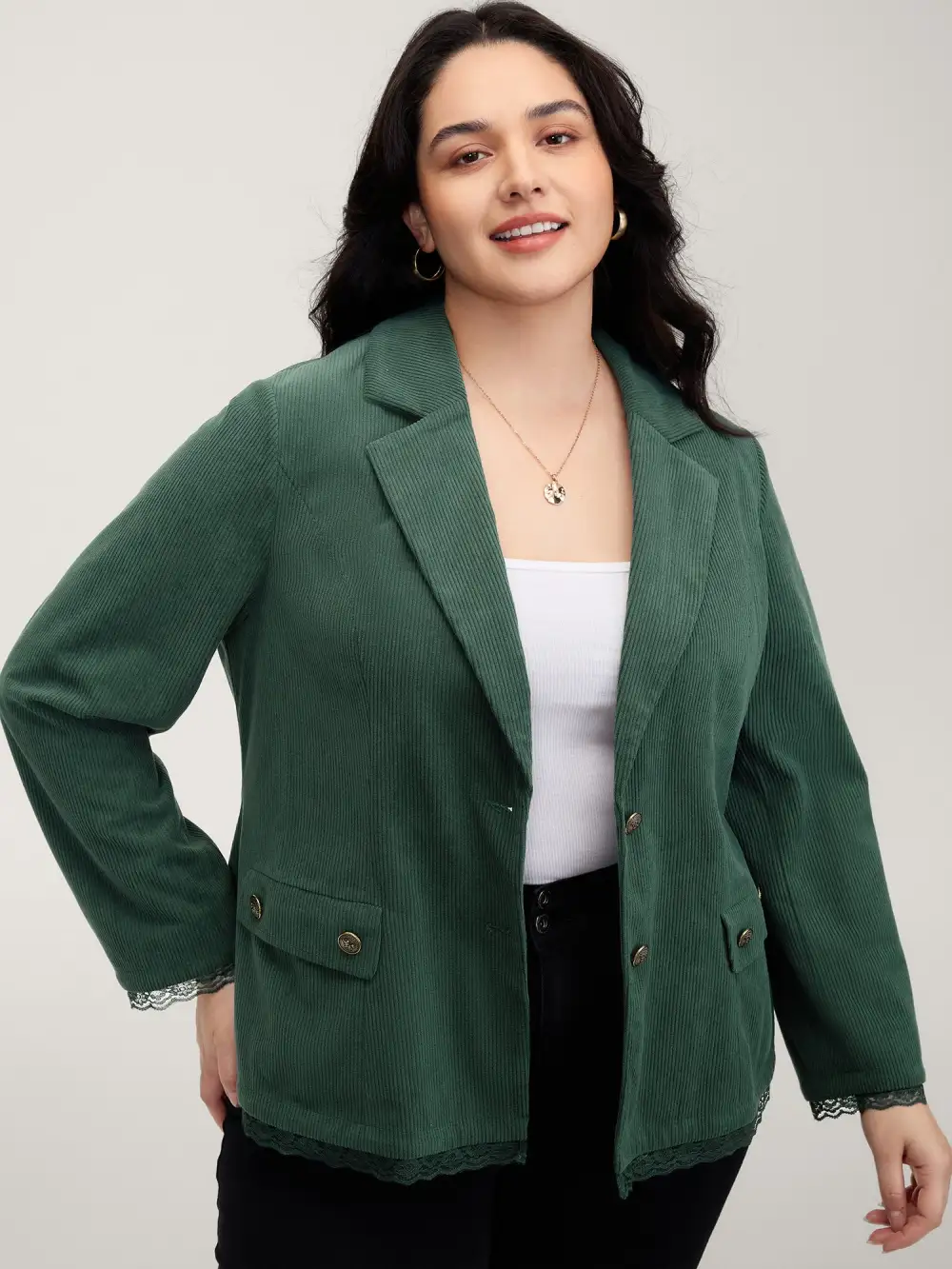 Corduroy Lace Trim Button Detail Blazer