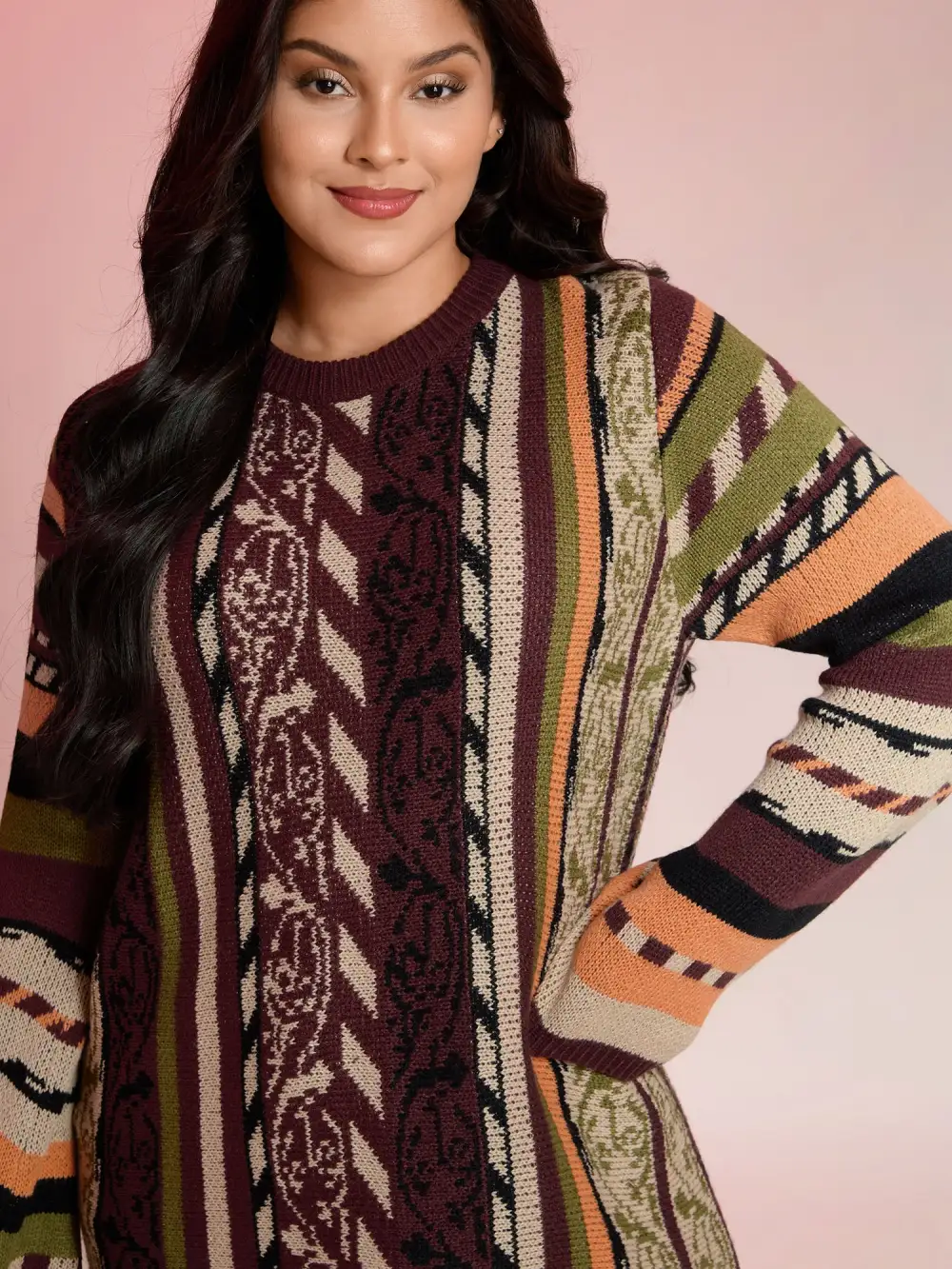 Boho Stripe Flared Sleeve Stretchy Pullover