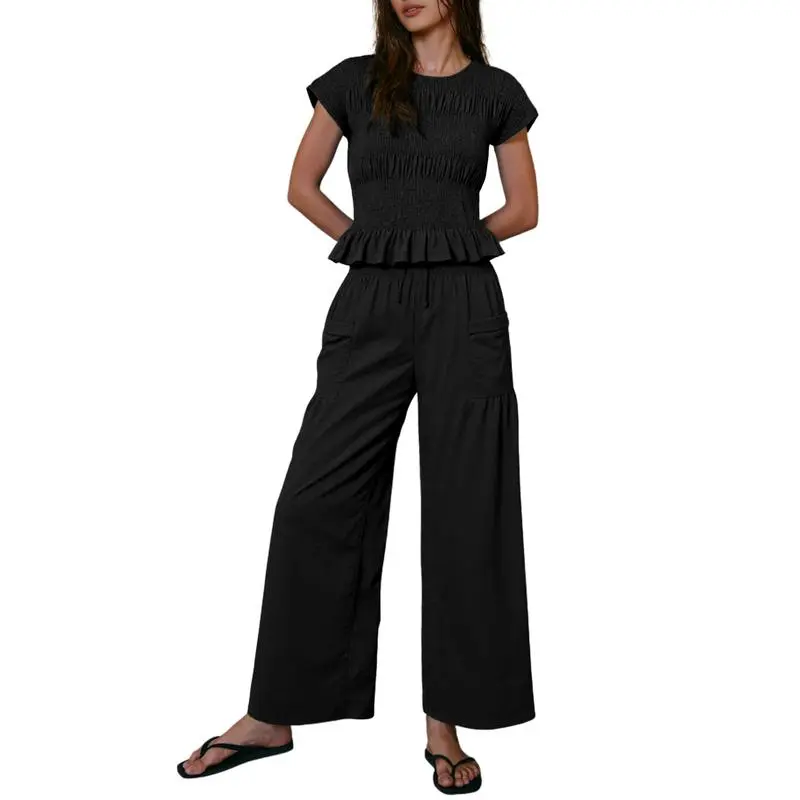 Women’s Smocked Top & Wide-Leg Pants Set – High-Waisted Lounge Outfit with Pockets