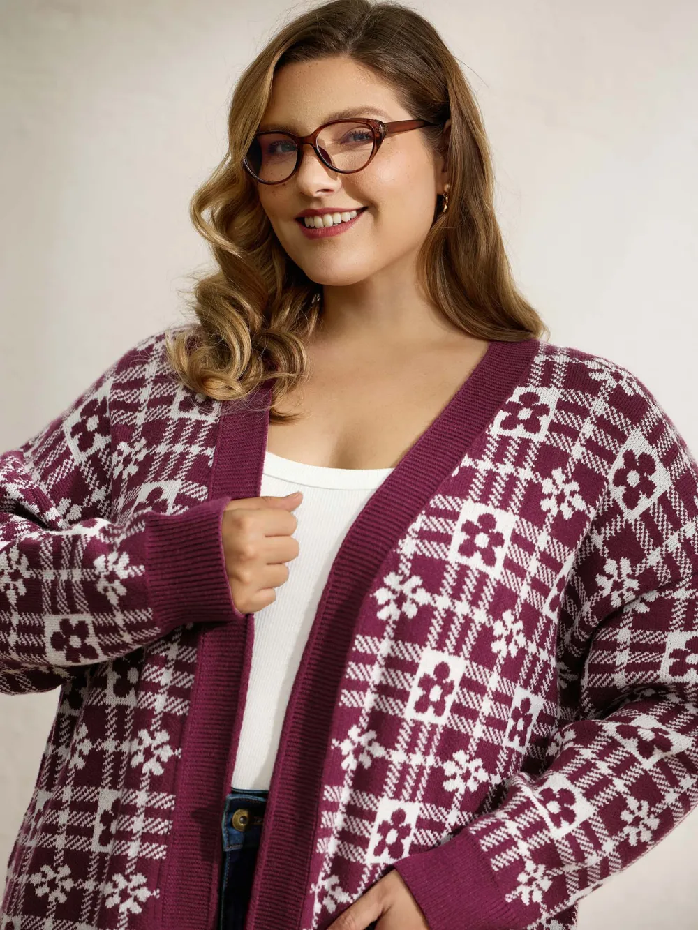 Supersoft Floral Checkered Pockets Knit Cardigan