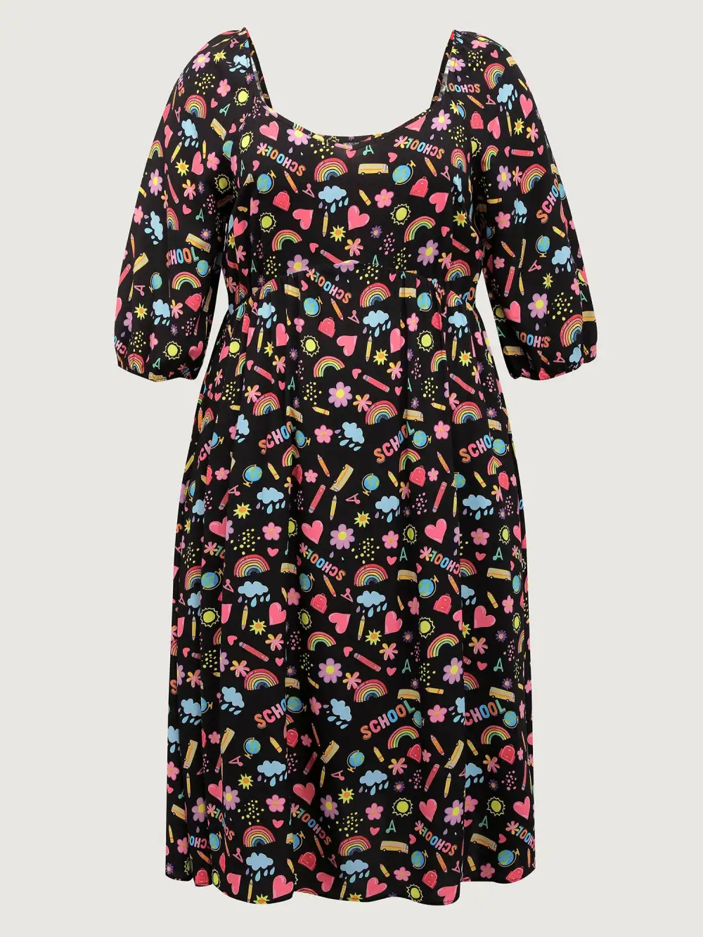 Playful School Print Rayon Deep Neck Midi Dress