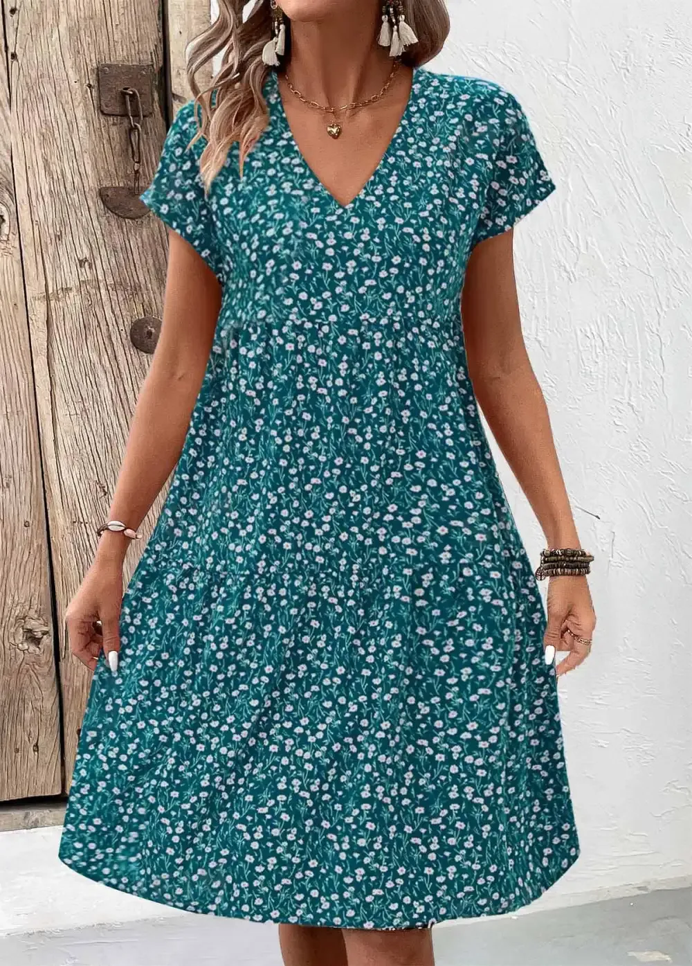 Turquoise Patchwork Floral Print A Line Short Sleeve Dress