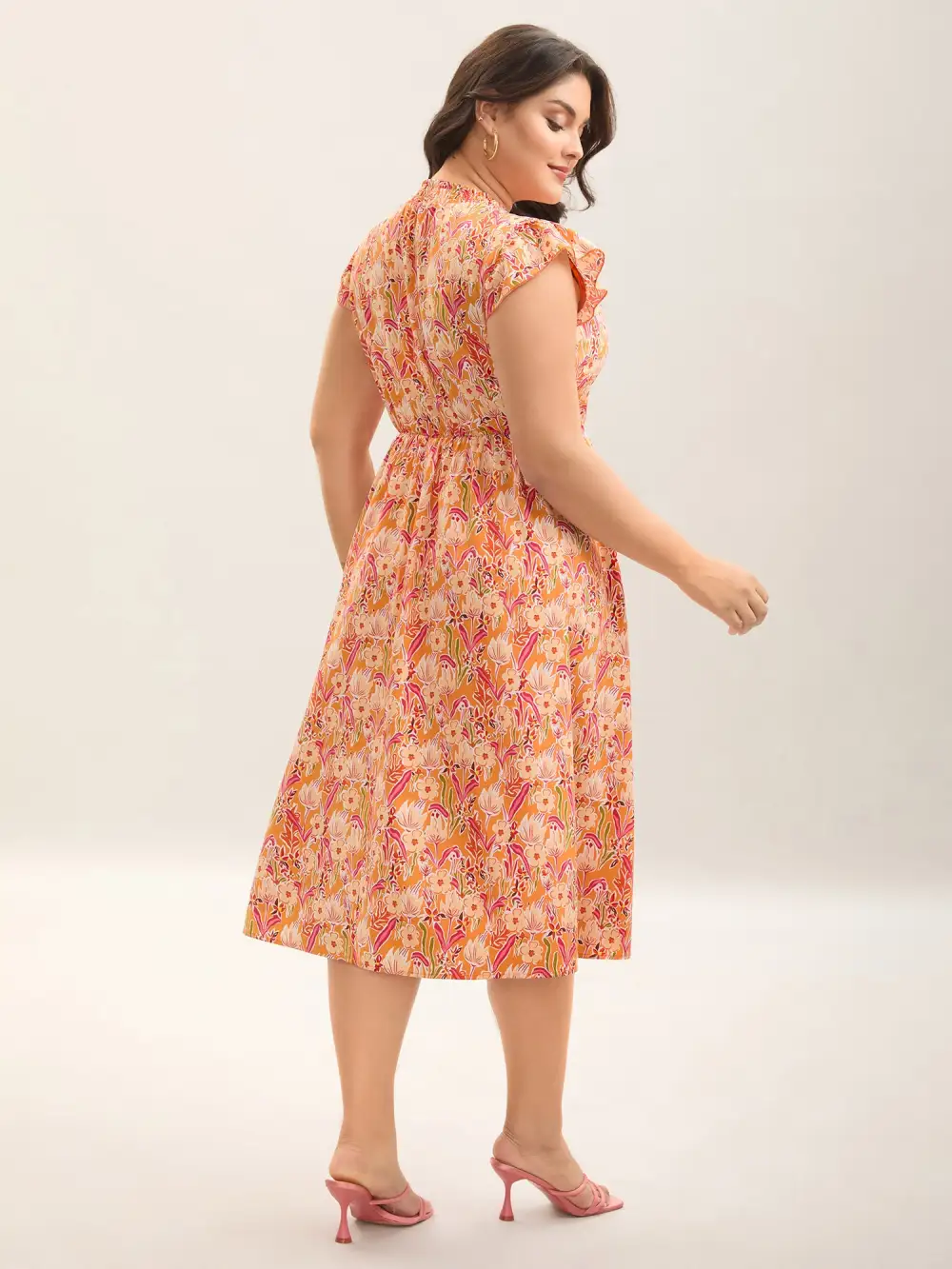Floral Print Shirred Pockets Midi Dress