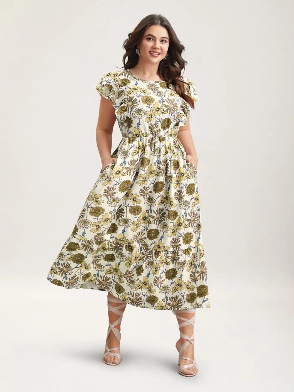Ruffled Floral Print Stretchy-Waist Midi Dress