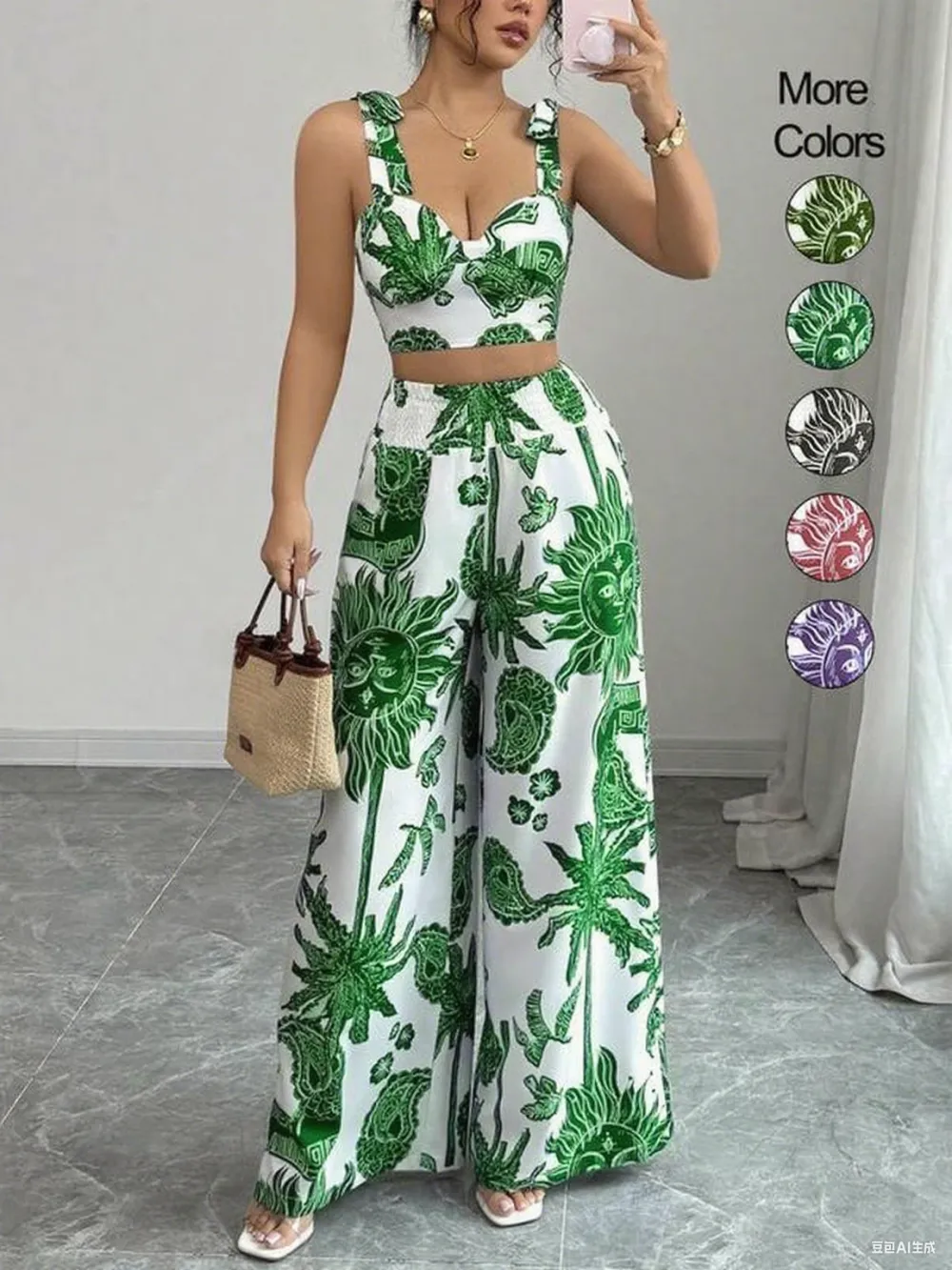 Women's 2-Piece Boho Print Crop Top & Wide Leg Pants Set – Sleeveless Beach Outfit for Summer Vacation
