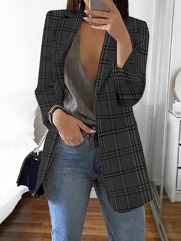 Shawl Collar Casual Plaid Polyester Cotton Blazer