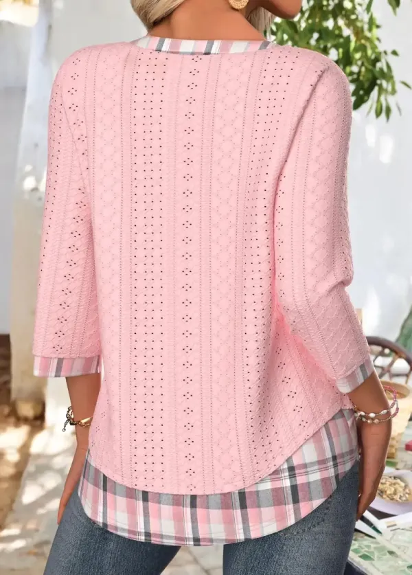 Light Pink Plaid 3/4 Sleeve Split Neck T Shirt