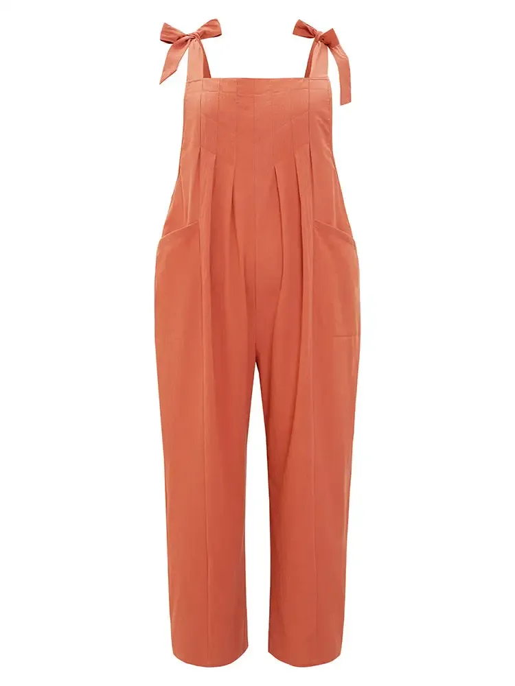 Solid Pleated Detail Pocket Knotted Shoulder Overall Jumpsuit