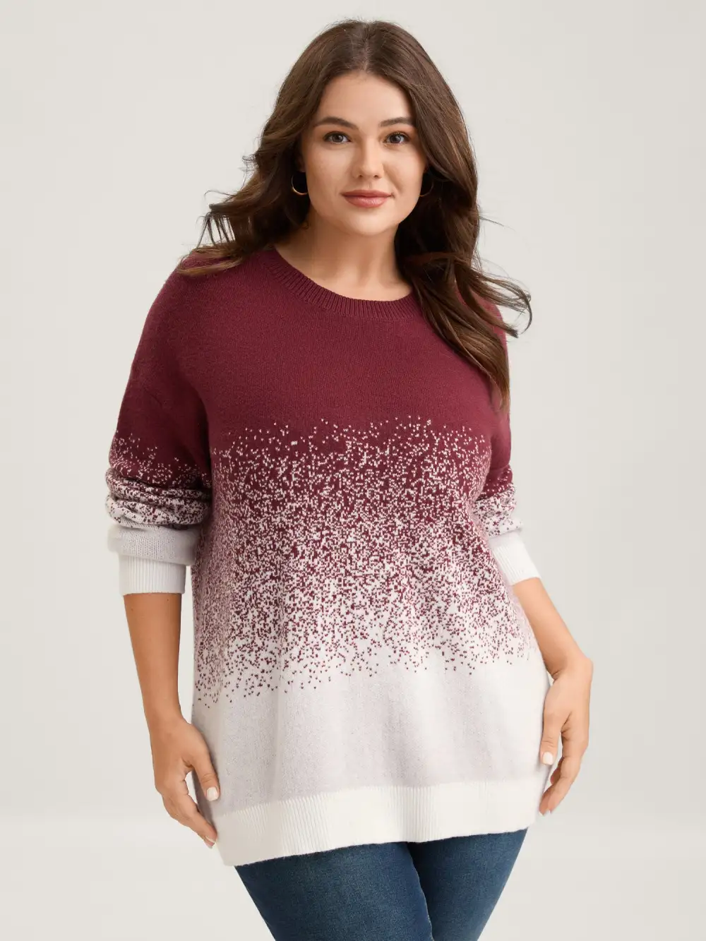 Jacquard Color Blend Ribbed Hem Pullover