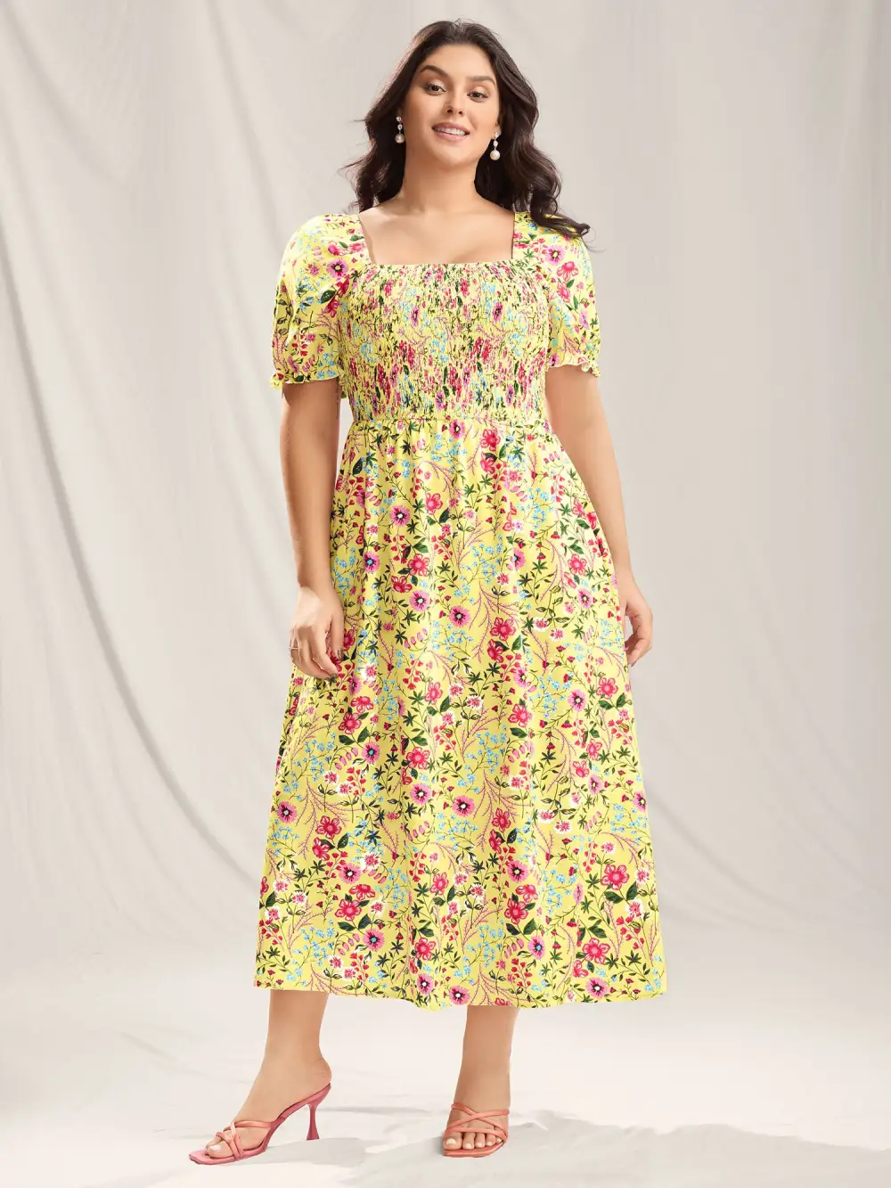 Shirred Floral Print Pockets Maxi Dress