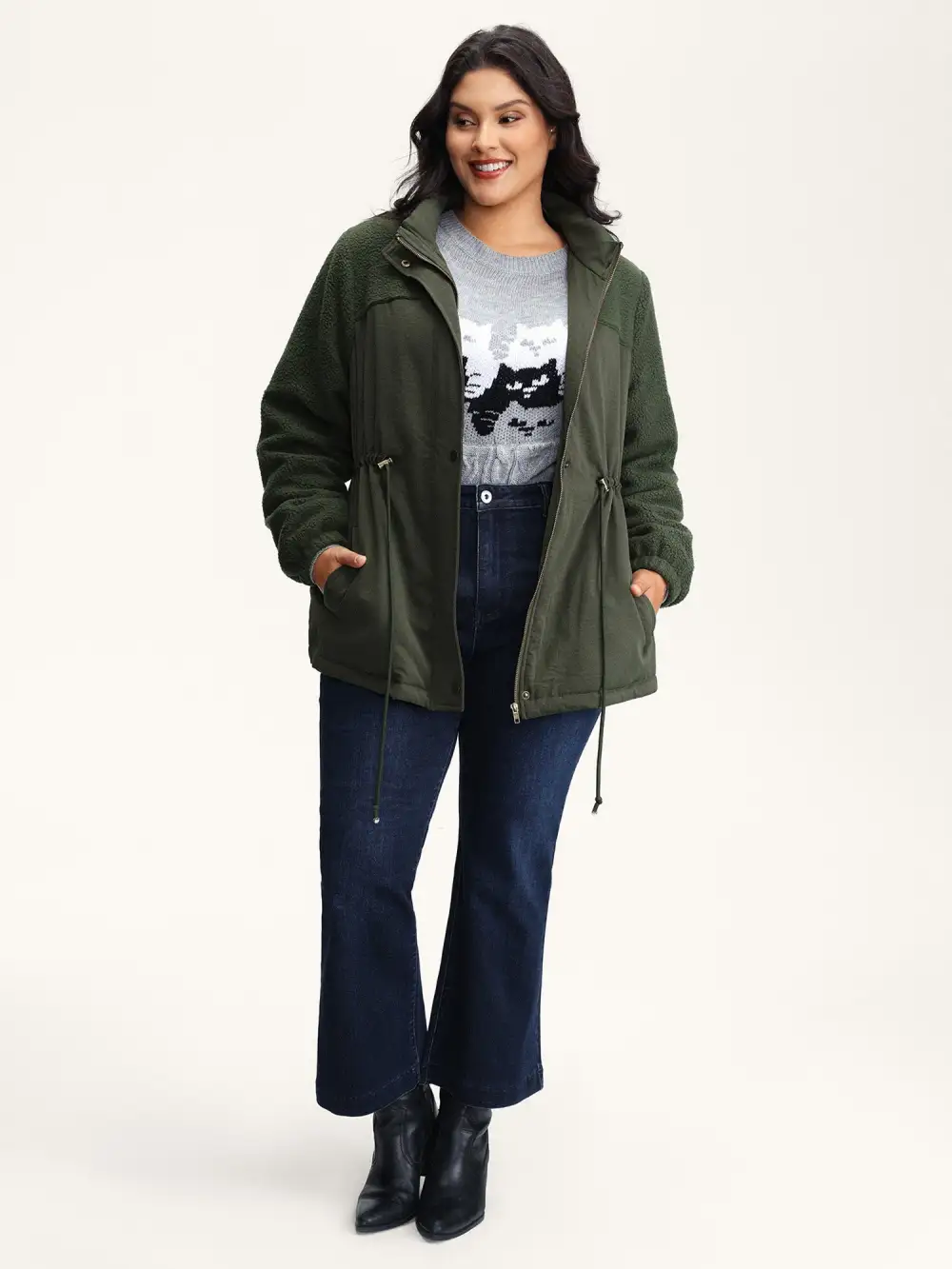 Mixed Fabric Waist Drawstring Quilted Jacket