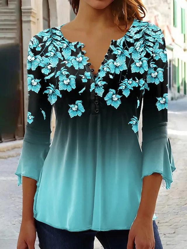 Women's Shirt Blouse Pink Blue Purple Floral Color Gradient Button Print 3/4 Length Sleeve Holiday Basic Neon & Bright Round Neck Regular Fit Floral