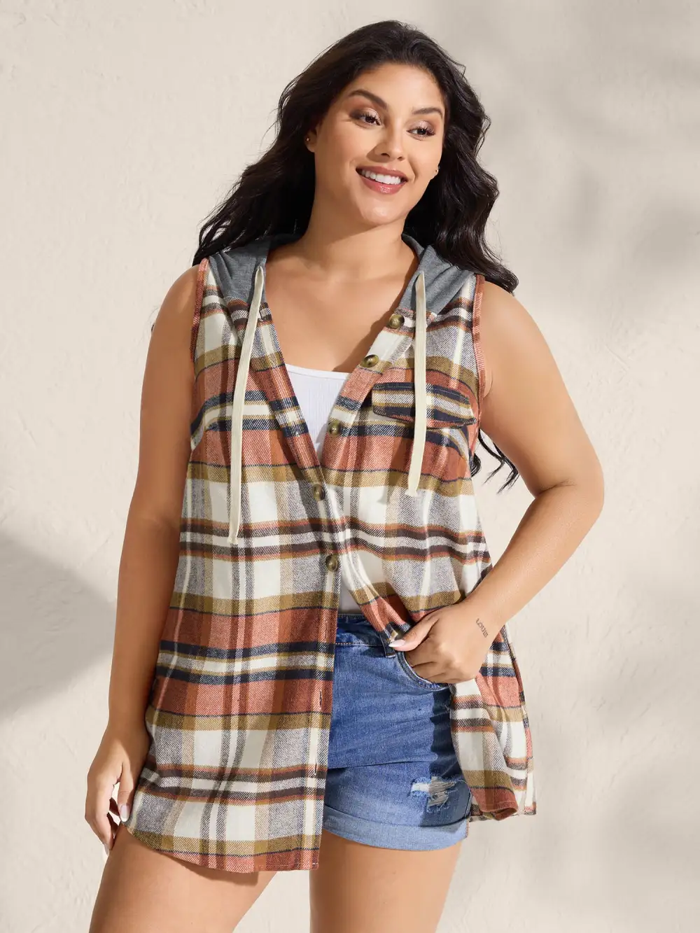 Plaid Print Color Contrast Hooded Vest