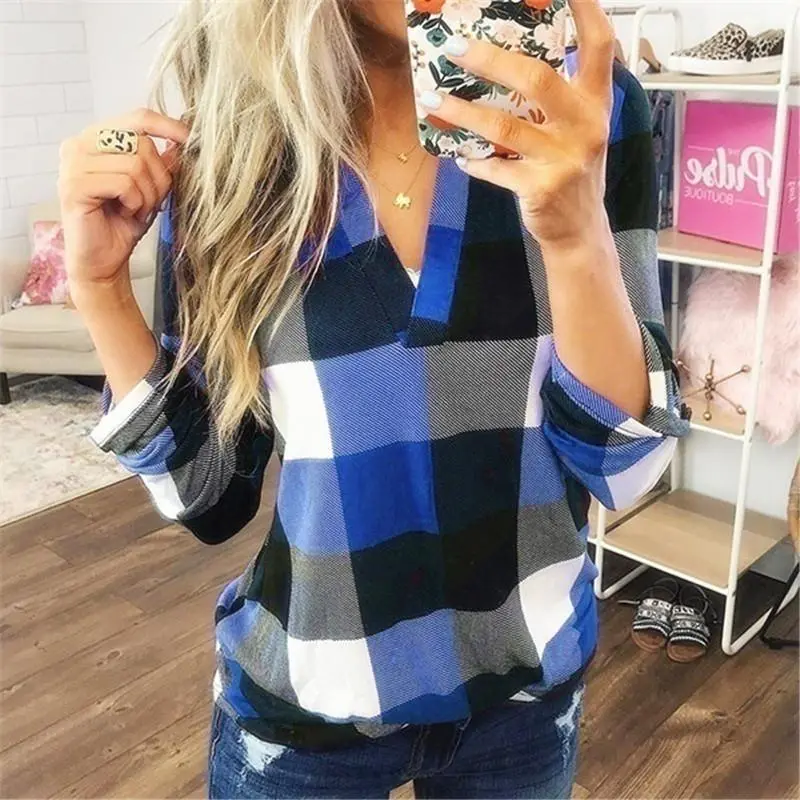 V Neck Lattice Color-blocked Long Sleeve Casual T-Shirt