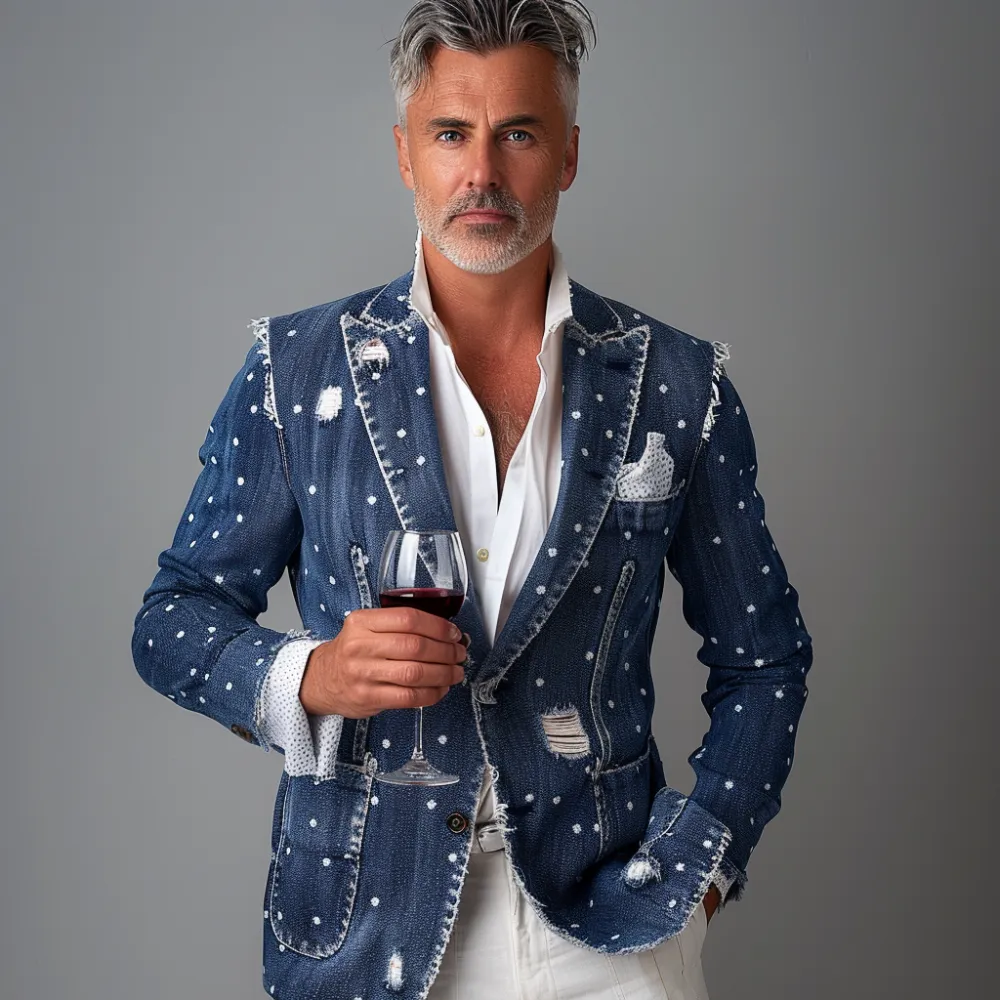 Men's Vintage Raw Edge Dots Denim Blazer