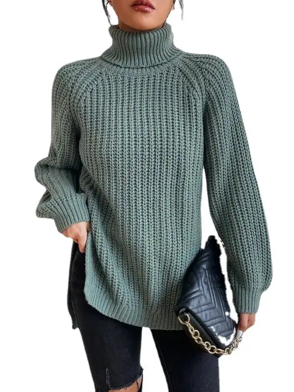 Christmas Sale - 49% off-Cotton Turtleneck Raglan Sleeve Split Hem Sweater